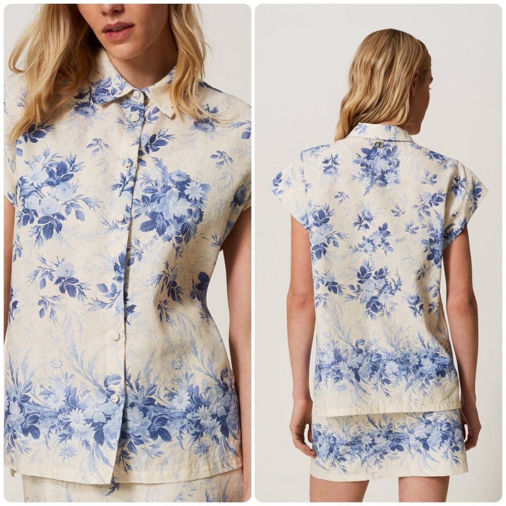 TWINSET Milano Linen Cotton Floral Shirt Sz 40 Italy XS Blue White